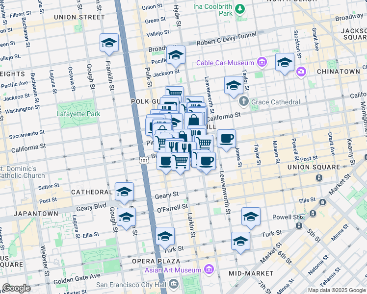 map of restaurants, bars, coffee shops, grocery stores, and more near in San Francisco