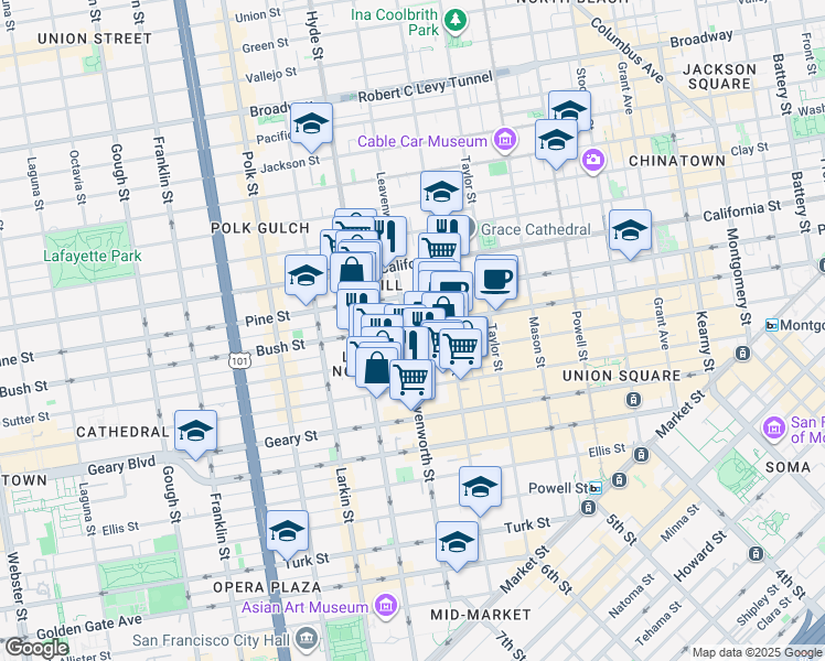 map of restaurants, bars, coffee shops, grocery stores, and more near 1091 Bush Street in San Francisco