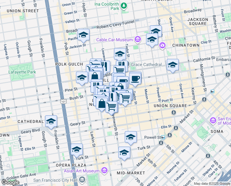 map of restaurants, bars, coffee shops, grocery stores, and more near 806 Sutter Street in San Francisco