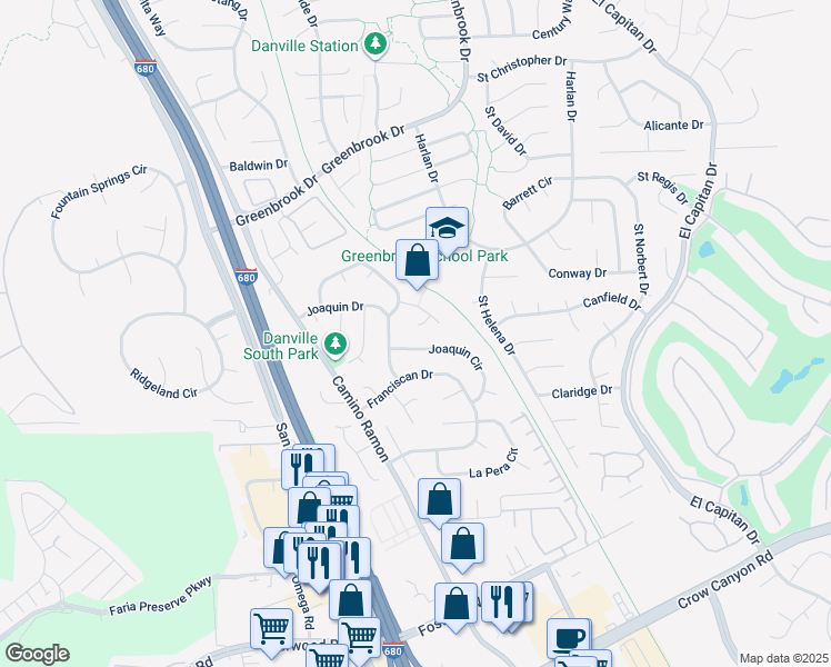 map of restaurants, bars, coffee shops, grocery stores, and more near 19 Marques Place in Danville