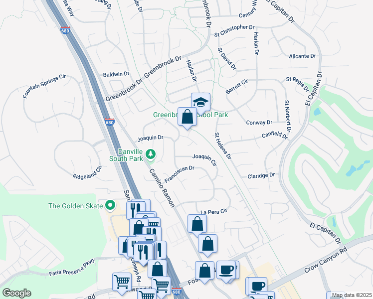 map of restaurants, bars, coffee shops, grocery stores, and more near 19 Marques Place in Danville