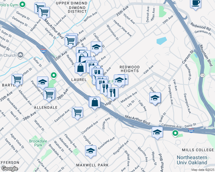 map of restaurants, bars, coffee shops, grocery stores, and more near 4160 Masterson Street in Oakland