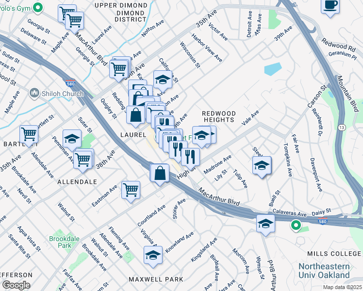 map of restaurants, bars, coffee shops, grocery stores, and more near 3687 Maybelle Avenue in Oakland