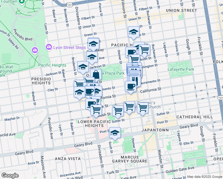 map of restaurants, bars, coffee shops, grocery stores, and more near 2700 Sacramento Street in San Francisco