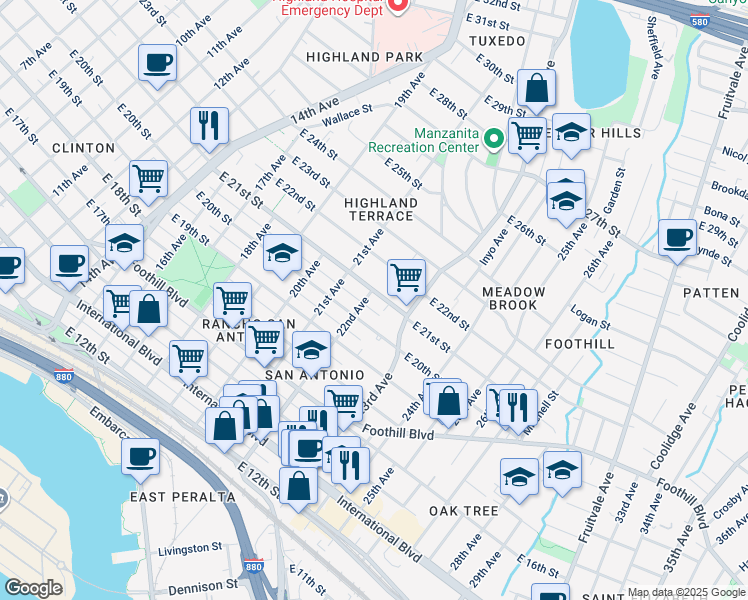 map of restaurants, bars, coffee shops, grocery stores, and more near 2047 22nd Avenue in Oakland