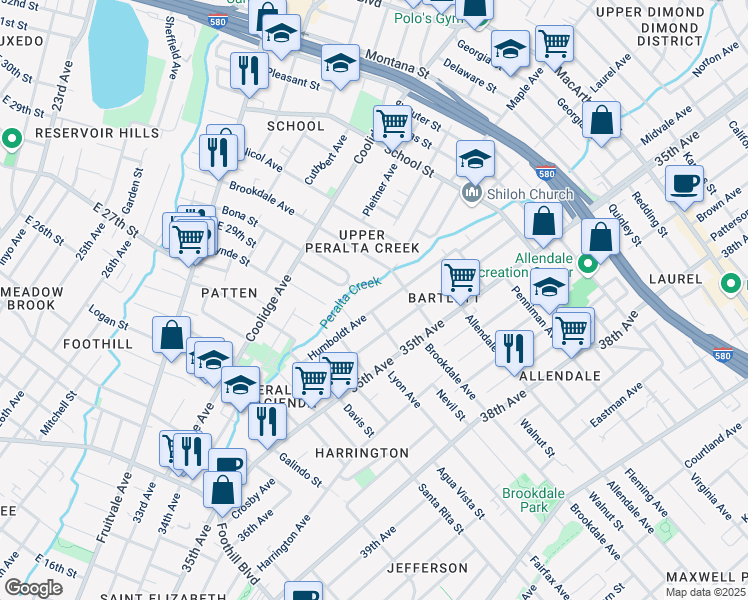 map of restaurants, bars, coffee shops, grocery stores, and more near 2509 Humboldt Avenue in Oakland