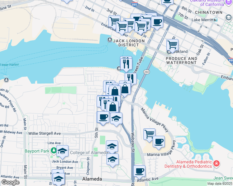 map of restaurants, bars, coffee shops, grocery stores, and more near 477 Mitchell Avenue in Alameda