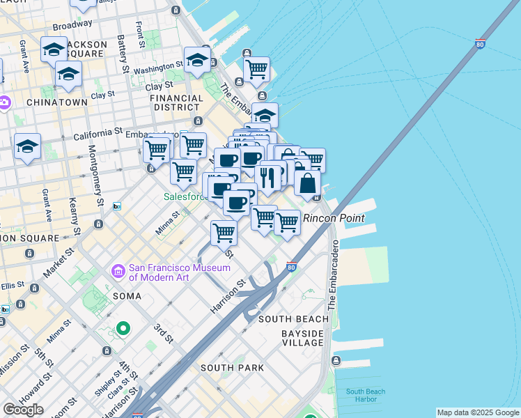 map of restaurants, bars, coffee shops, grocery stores, and more near 272 Main Street in San Francisco