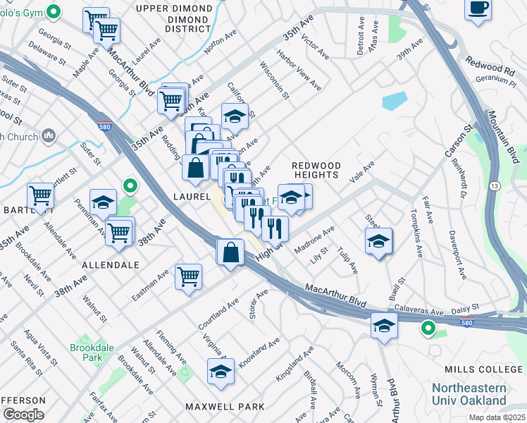 map of restaurants, bars, coffee shops, grocery stores, and more near 4160 Masterson Street in Oakland