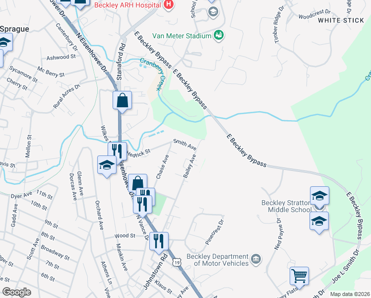 map of restaurants, bars, coffee shops, grocery stores, and more near 250 Hedrick Street in Beckley