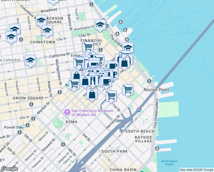 map of restaurants, bars, coffee shops, grocery stores, and more near 199 Fremont Street in San Francisco