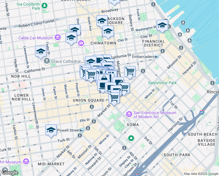 map of restaurants, bars, coffee shops, grocery stores, and more near 255 Sutter Street in San Francisco