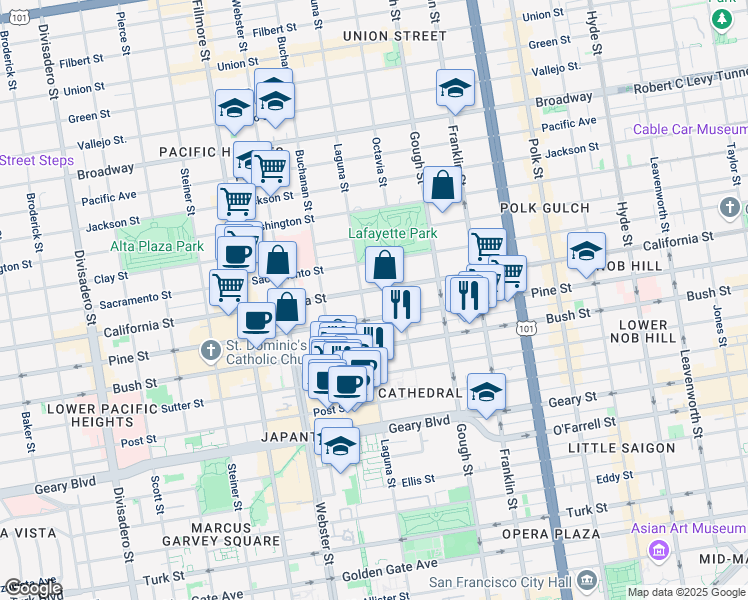 map of restaurants, bars, coffee shops, grocery stores, and more near 2075 California Street in San Francisco