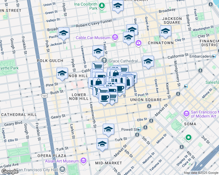 map of restaurants, bars, coffee shops, grocery stores, and more near 895 Bush Street in San Francisco