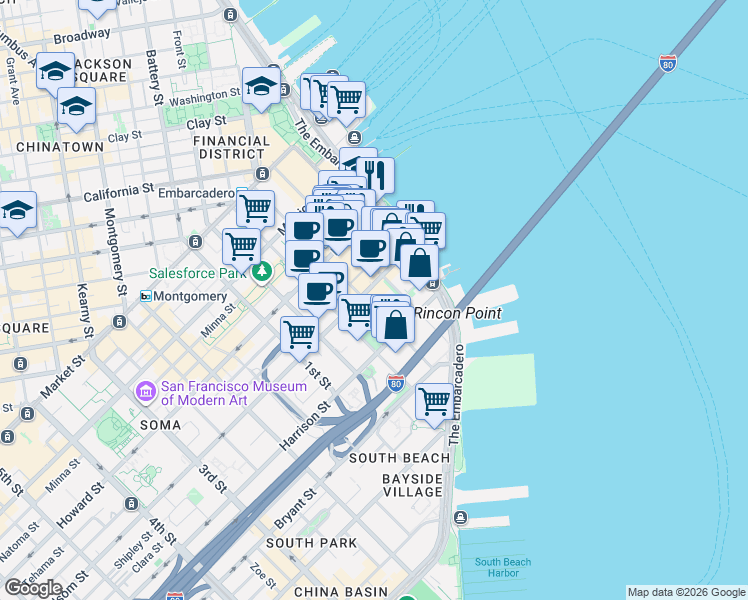 map of restaurants, bars, coffee shops, grocery stores, and more near 301 Main Street in San Francisco