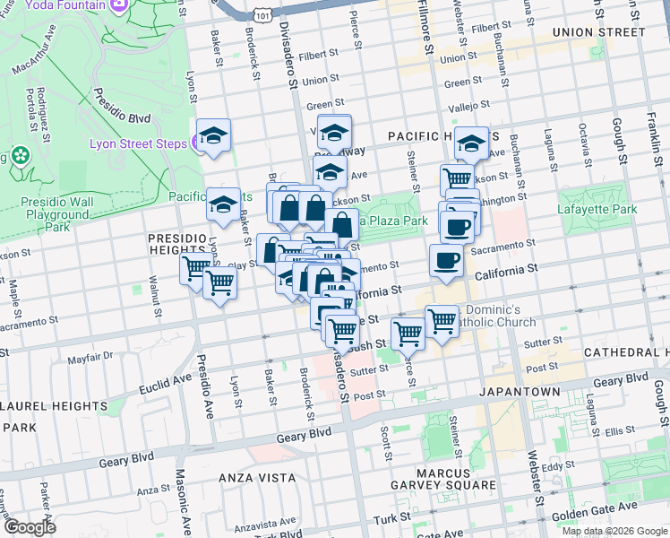 map of restaurants, bars, coffee shops, grocery stores, and more near 2870 Sacramento Street in San Francisco
