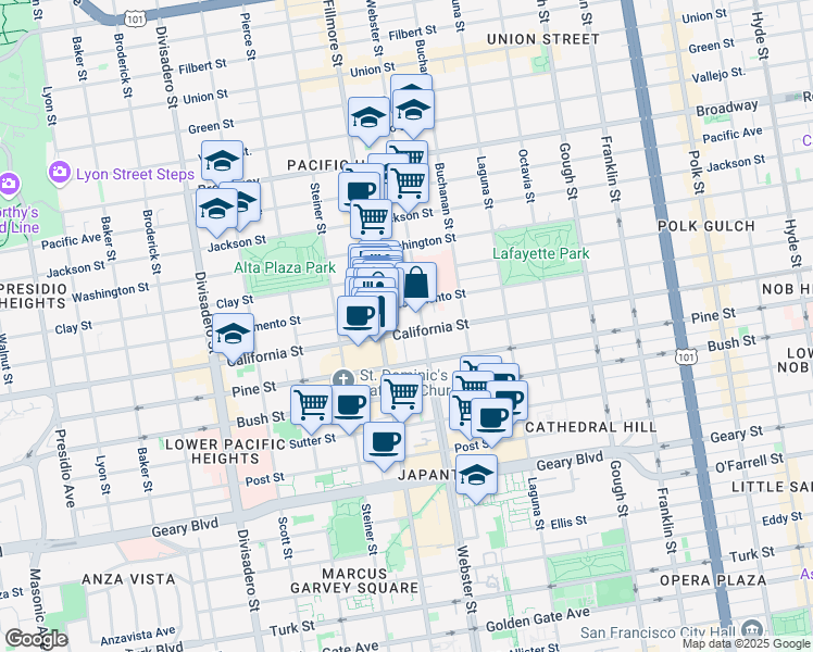 map of restaurants, bars, coffee shops, grocery stores, and more near 2332 California Street in San Francisco