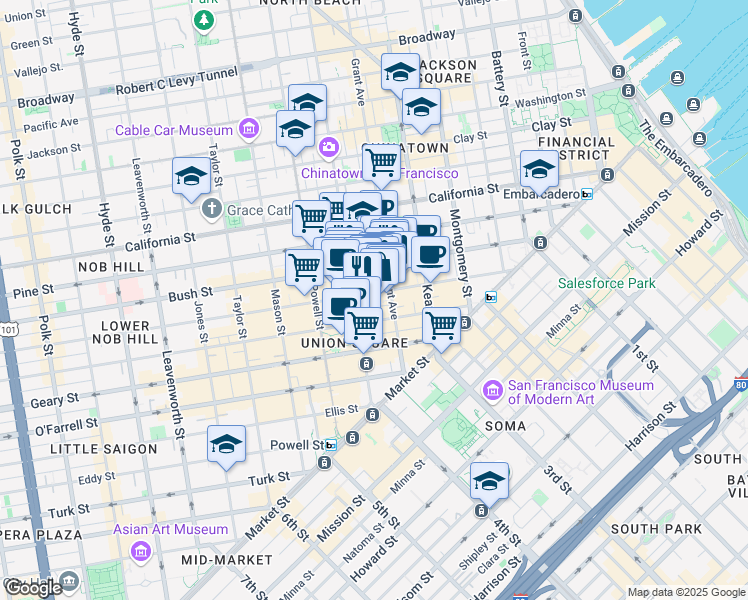 map of restaurants, bars, coffee shops, grocery stores, and more near 349 Sutter Street in San Francisco