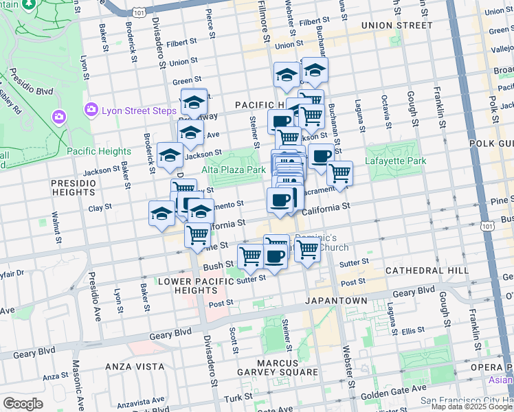 map of restaurants, bars, coffee shops, grocery stores, and more near 2605 Sacramento Street in San Francisco