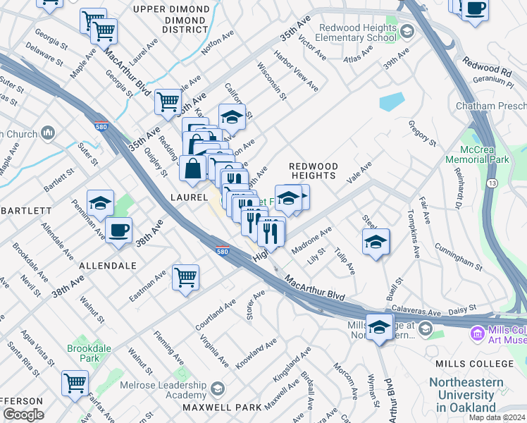 map of restaurants, bars, coffee shops, grocery stores, and more near 3687 Maybelle Avenue in Oakland