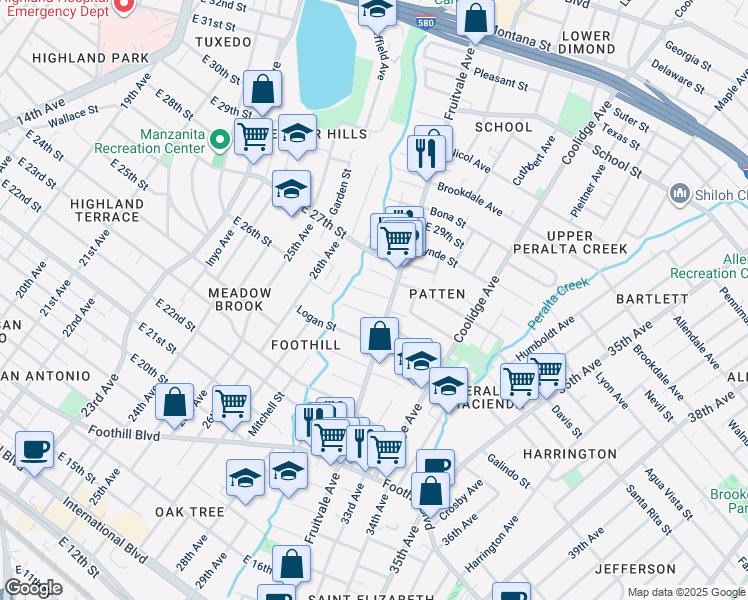 map of restaurants, bars, coffee shops, grocery stores, and more near 3043 Blossom Street in Oakland