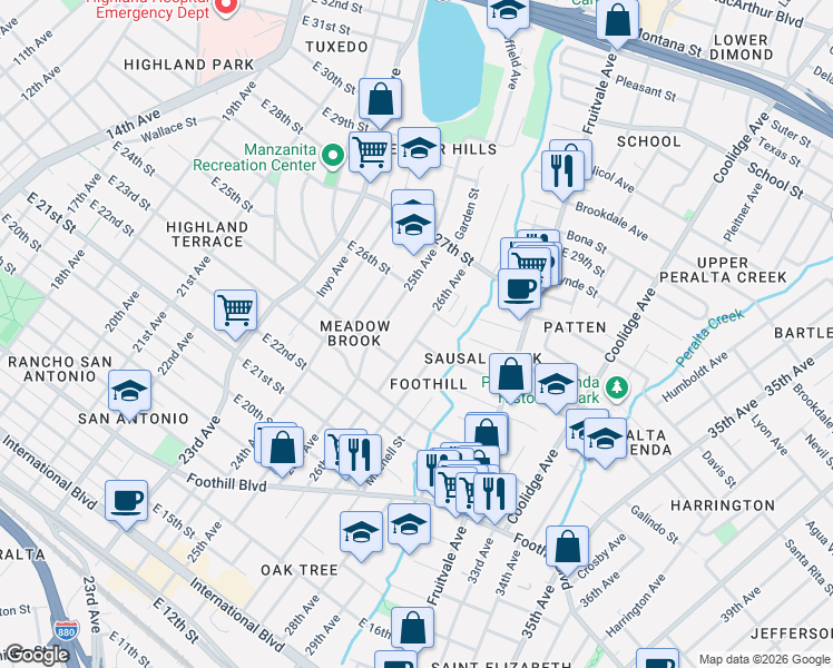 map of restaurants, bars, coffee shops, grocery stores, and more near 2464A 26th Avenue in Oakland