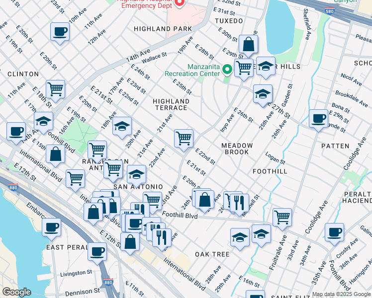 map of restaurants, bars, coffee shops, grocery stores, and more near 2230 East 21st Street in Oakland