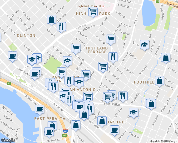 map of restaurants, bars, coffee shops, grocery stores, and more near 2047 22nd Avenue in Oakland