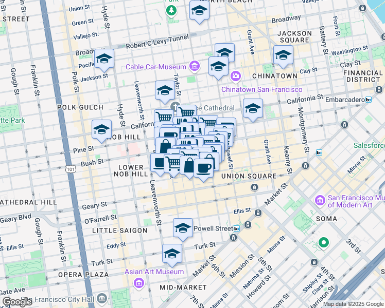 map of restaurants, bars, coffee shops, grocery stores, and more near 895 Bush Street in San Francisco