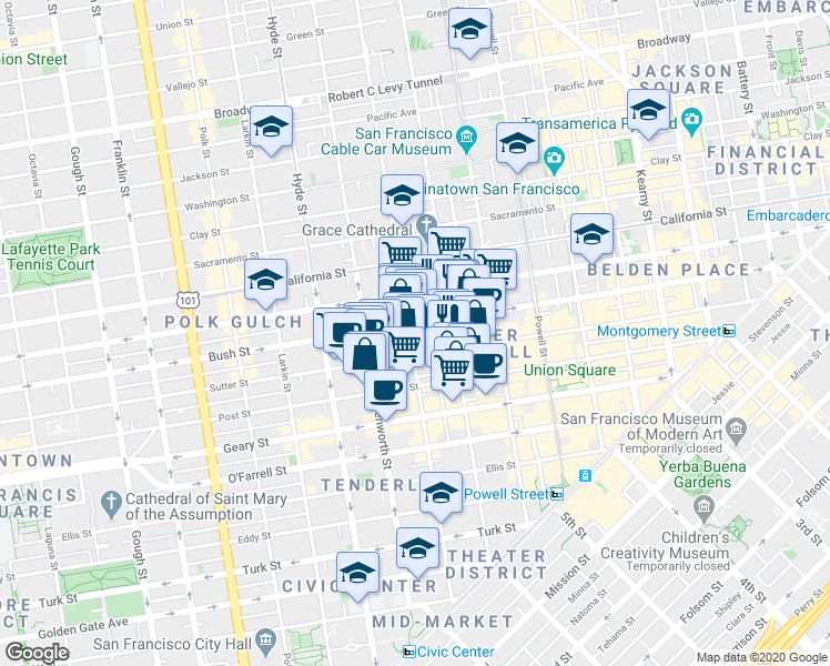 map of restaurants, bars, coffee shops, grocery stores, and more near 999 Bush Street in San Francisco