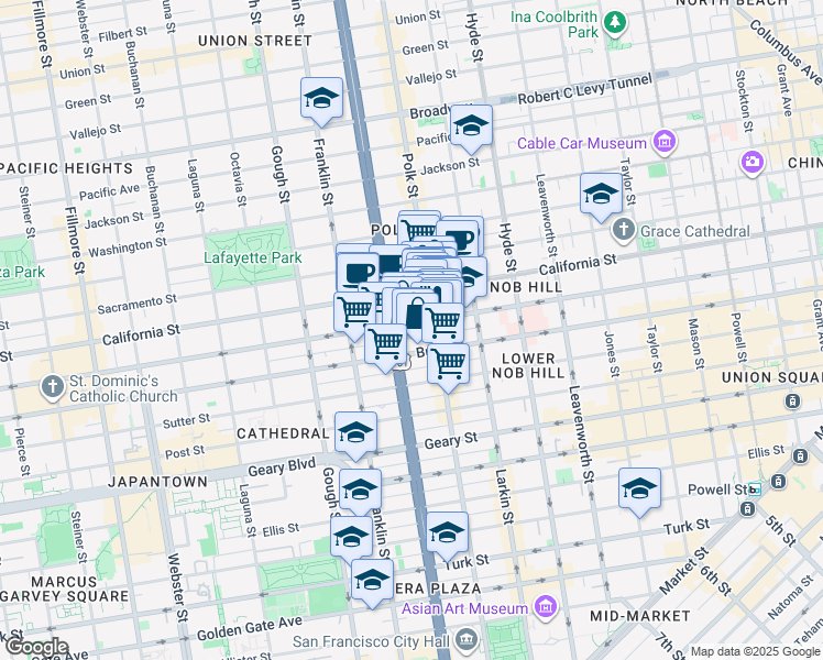 map of restaurants, bars, coffee shops, grocery stores, and more near 1430-1444 Bush Street in San Francisco