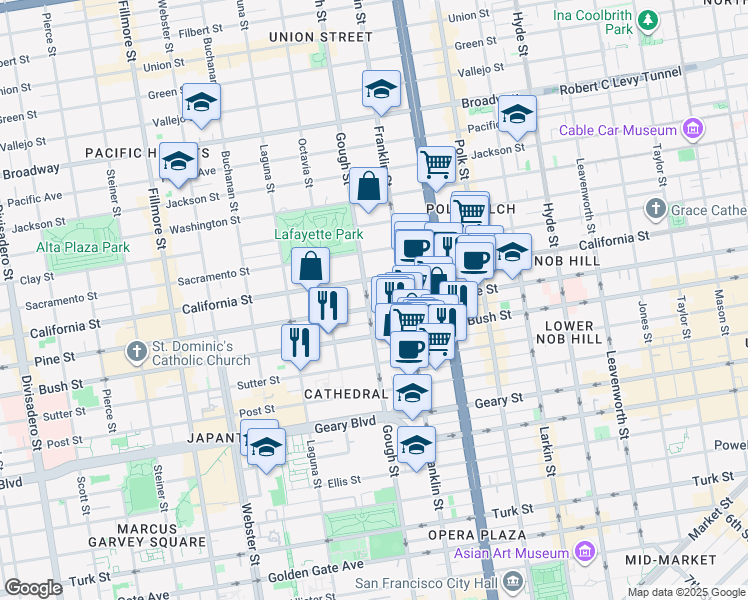 map of restaurants, bars, coffee shops, grocery stores, and more near 1735 Gough Street in San Francisco