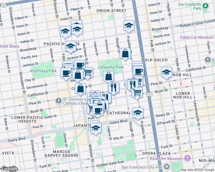 map of restaurants, bars, coffee shops, grocery stores, and more near 2075 California Street in San Francisco