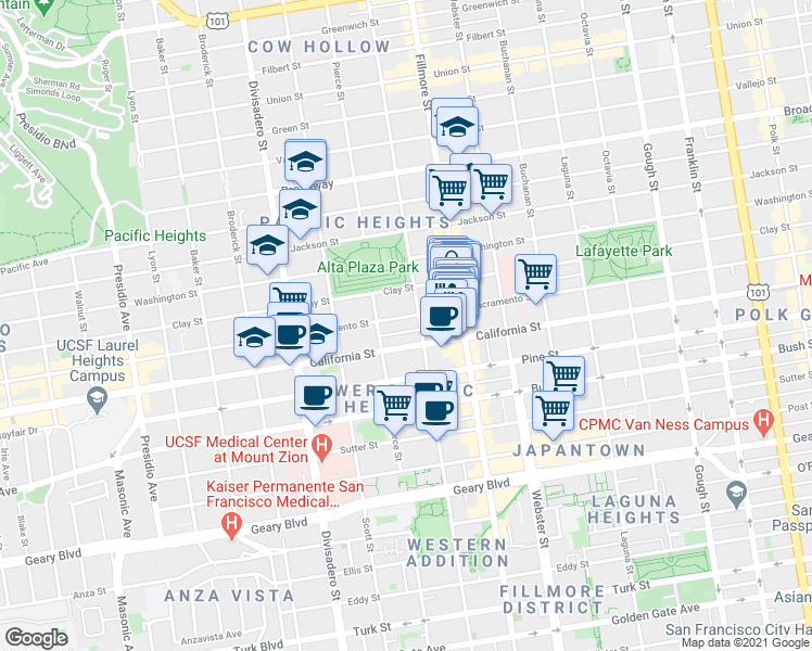 map of restaurants, bars, coffee shops, grocery stores, and more near 2611 Sacramento Street in San Francisco