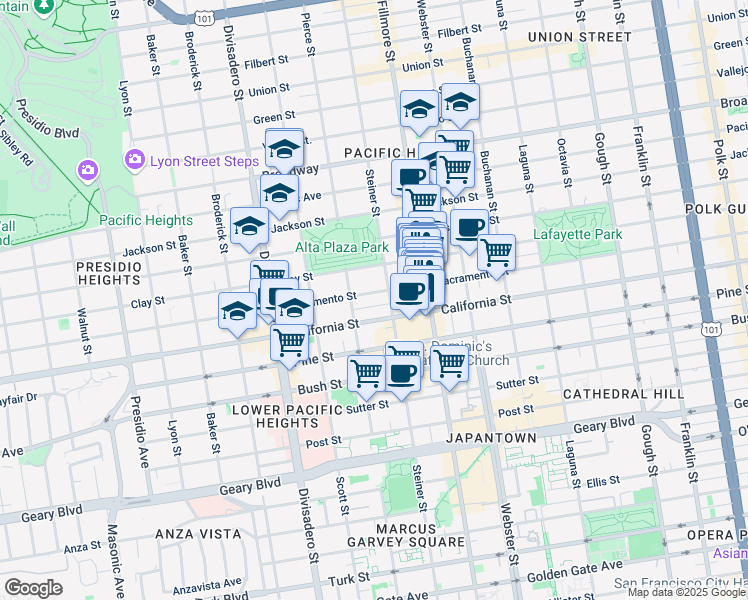 map of restaurants, bars, coffee shops, grocery stores, and more near 2605 Sacramento Street in San Francisco