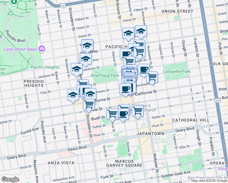 map of restaurants, bars, coffee shops, grocery stores, and more near 2605 Sacramento Street in San Francisco