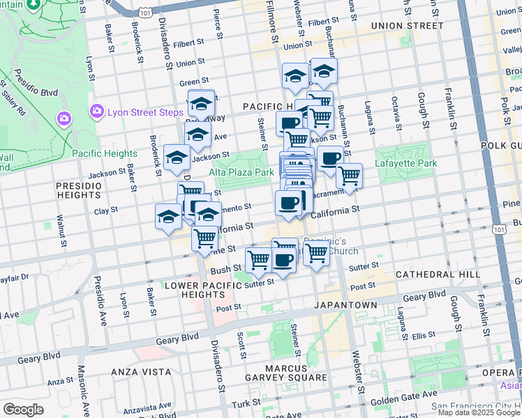 map of restaurants, bars, coffee shops, grocery stores, and more near 2605 Sacramento Street in San Francisco