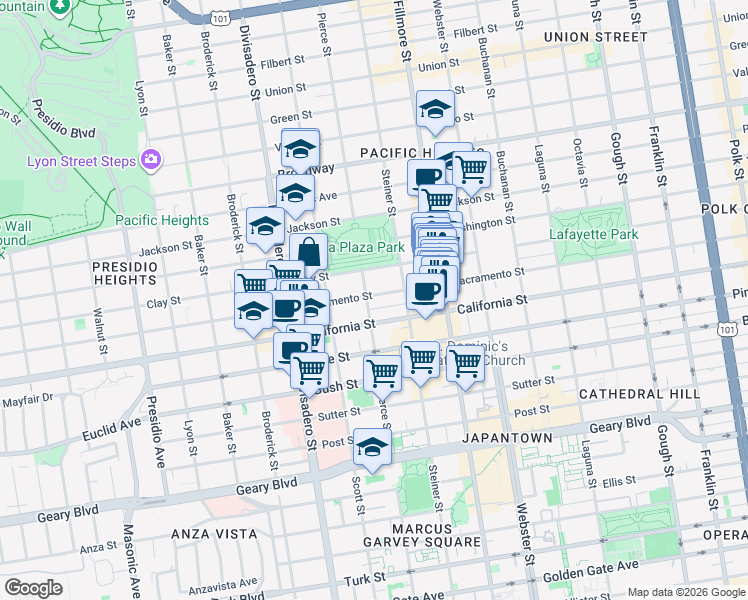 map of restaurants, bars, coffee shops, grocery stores, and more near 2700 Sacramento Street in San Francisco