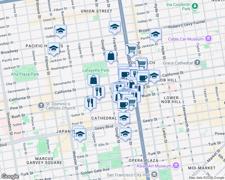map of restaurants, bars, coffee shops, grocery stores, and more near 1700 Gough Street in San Francisco