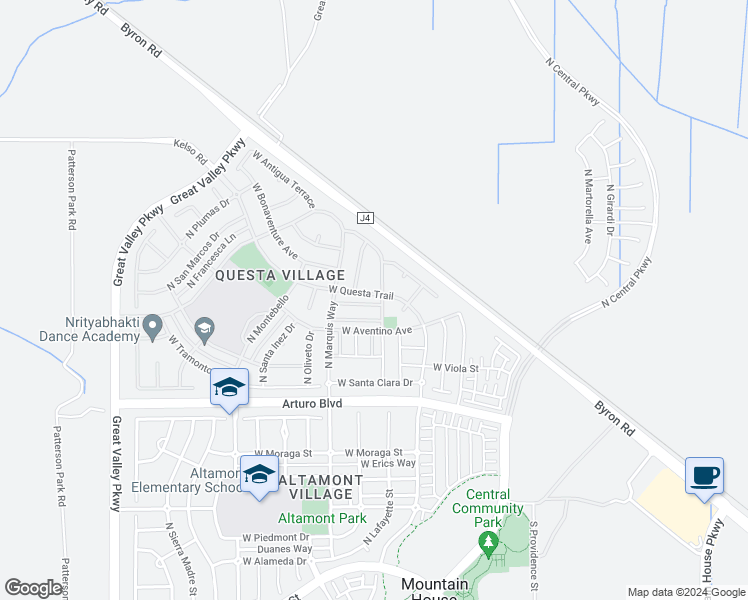 map of restaurants, bars, coffee shops, grocery stores, and more near 344 West Questa Trail in Mountain House