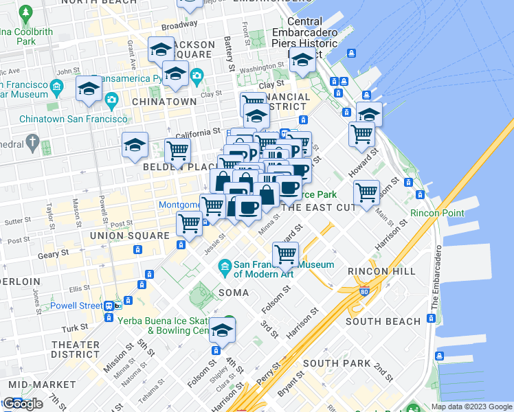 map of restaurants, bars, coffee shops, grocery stores, and more near 536 Mission Street in San Francisco