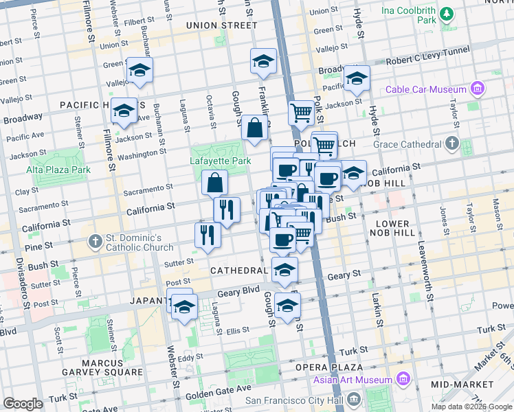 map of restaurants, bars, coffee shops, grocery stores, and more near 1700 Gough Street in San Francisco