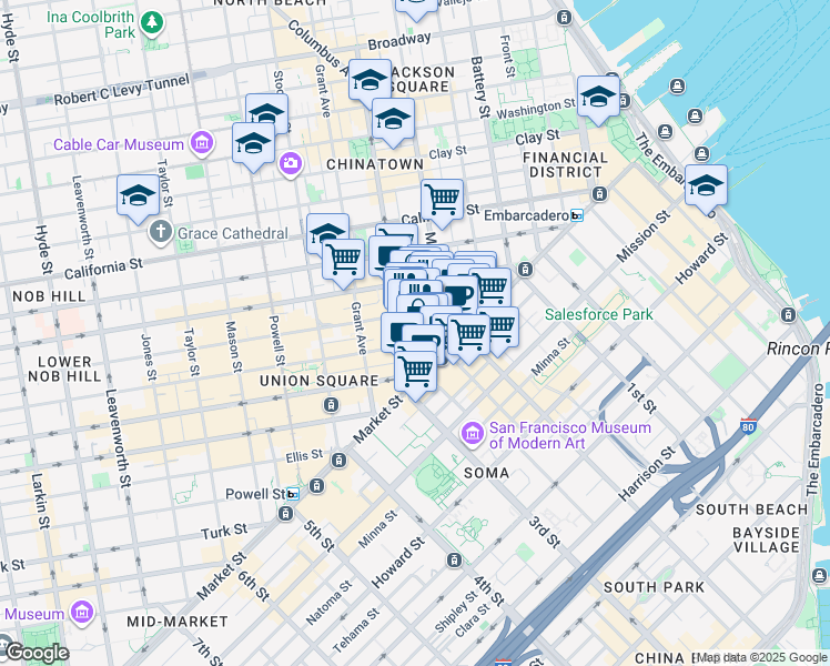map of restaurants, bars, coffee shops, grocery stores, and more near 122/15 Montgomery Street in San Francisco