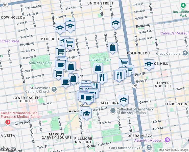 map of restaurants, bars, coffee shops, grocery stores, and more near 2091 California Street in San Francisco