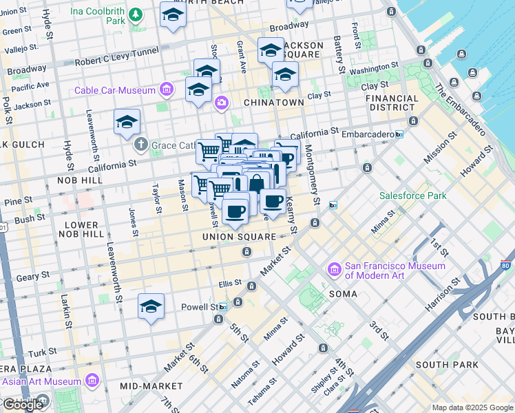 map of restaurants, bars, coffee shops, grocery stores, and more near 272 Post Street in San Francisco