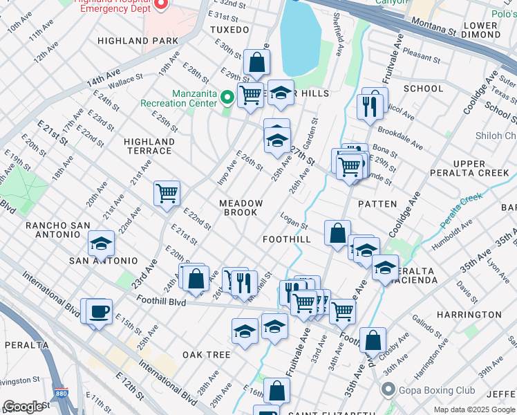 map of restaurants, bars, coffee shops, grocery stores, and more near 2418 25th Avenue in Oakland