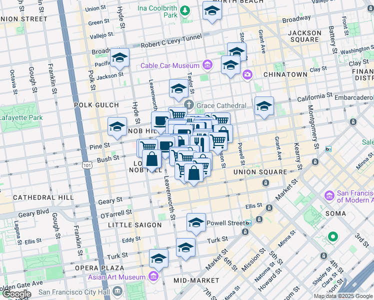 map of restaurants, bars, coffee shops, grocery stores, and more near 985 Bush Street in San Francisco