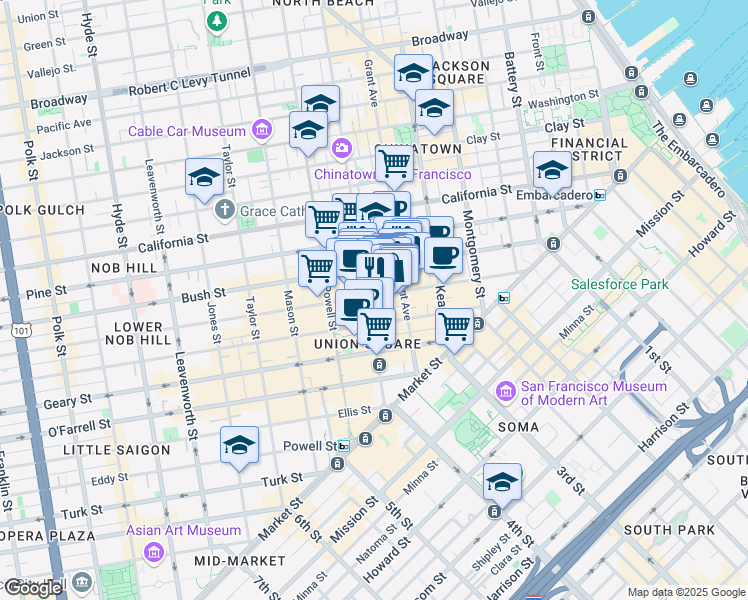 map of restaurants, bars, coffee shops, grocery stores, and more near 272 Post Street in San Francisco
