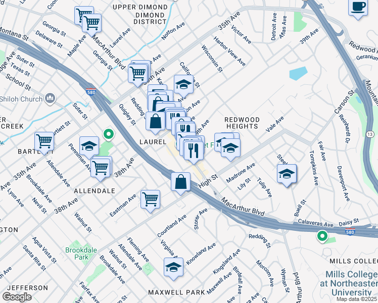 map of restaurants, bars, coffee shops, grocery stores, and more near 4104 MacArthur Boulevard in Oakland