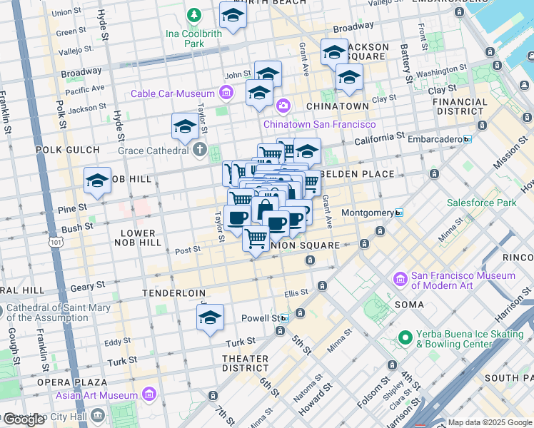 map of restaurants, bars, coffee shops, grocery stores, and more near 500 Sutter Street in San Francisco